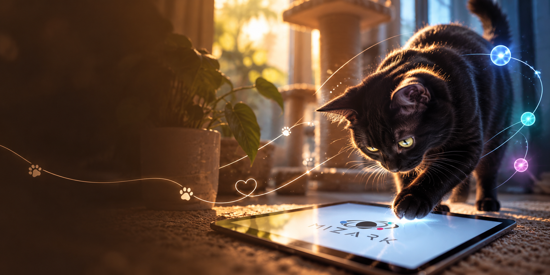 Un gato negro interactúa con una tableta en un espacio cálido y acogedor.